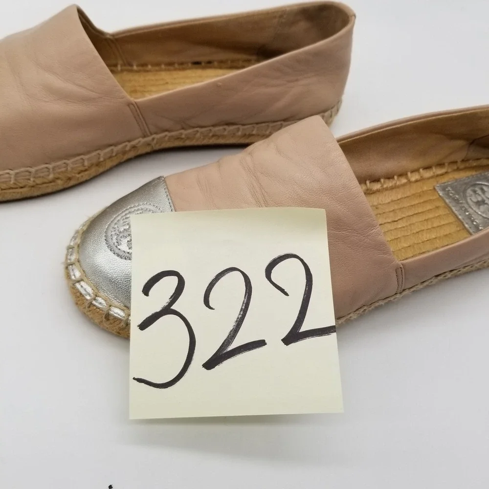 Tory Burch Espadrilles Women 7.5 Beige Silver Leather Metallic Cap Toe Flats